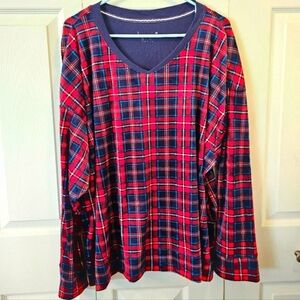 Tartan Plaid Top in Red, Blue, Black & White with V-Neck and Long Sleeves